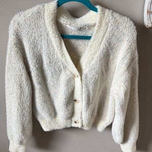 Altar'd State Cream Fuzzy V-Neck Button Cardigan